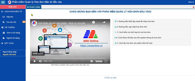 Phần mềm quản lý hóa đơn đầu vào Ana Online