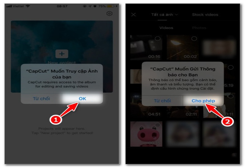 Cần đồng ý cho Capcut truy cập vào dữ liệu điện thoại thì mới tải video lên được